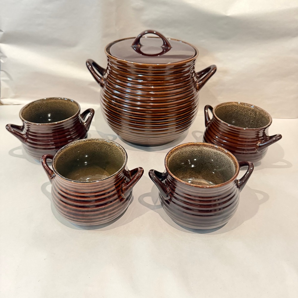 Crate & Barrel Brunswick Brown Stoneware Soup Tureen Lid + 4 Bowls 5-Piece Set